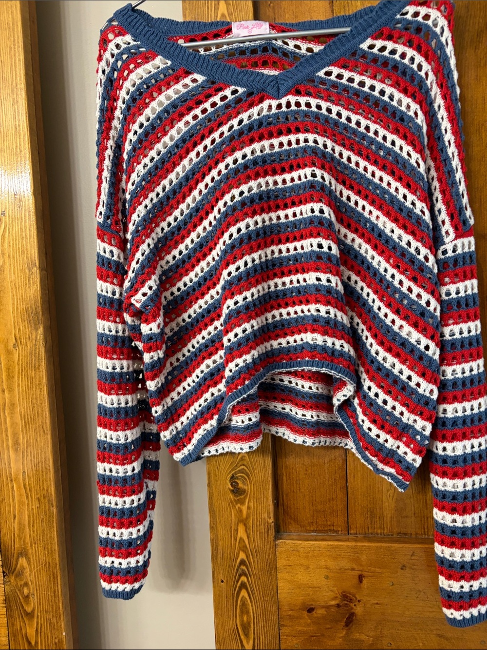 Pink Lily Red White Blue Crochet Knit Top